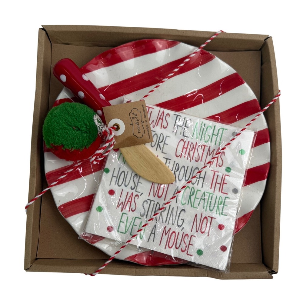 Mud Pie Red White Strips Ho Ho Ho Cheese Plate w/ Spreader and Napkin Set NEW
